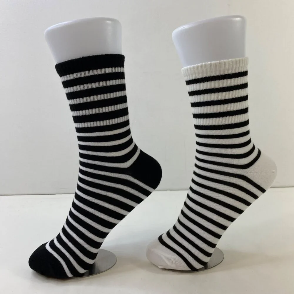 Womens Crew Socks Set 2 Striped Black White